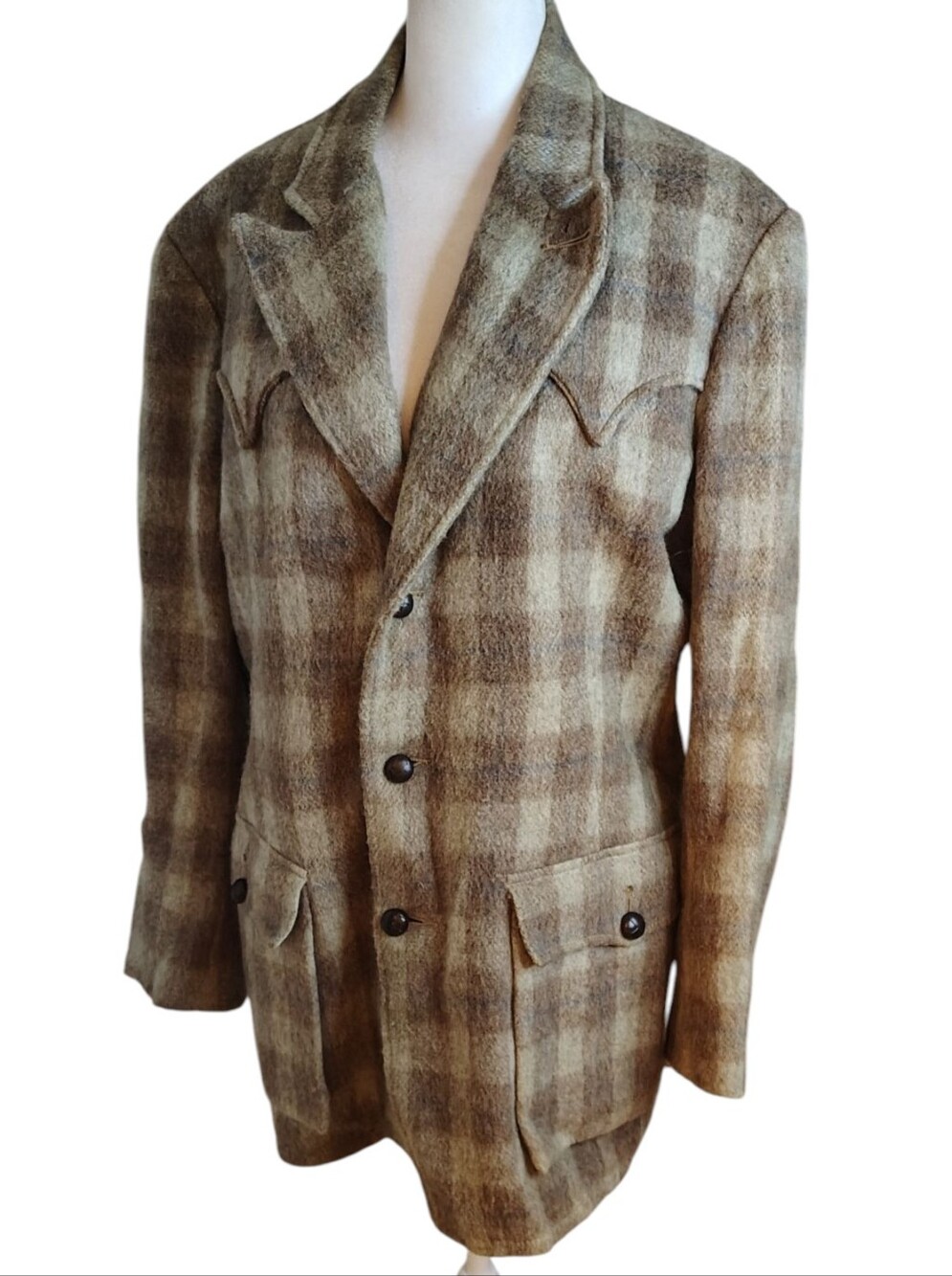 Vintage 60s Penney's Western Men's Plaid Brown and Cream Wool/Cashmere Blazer